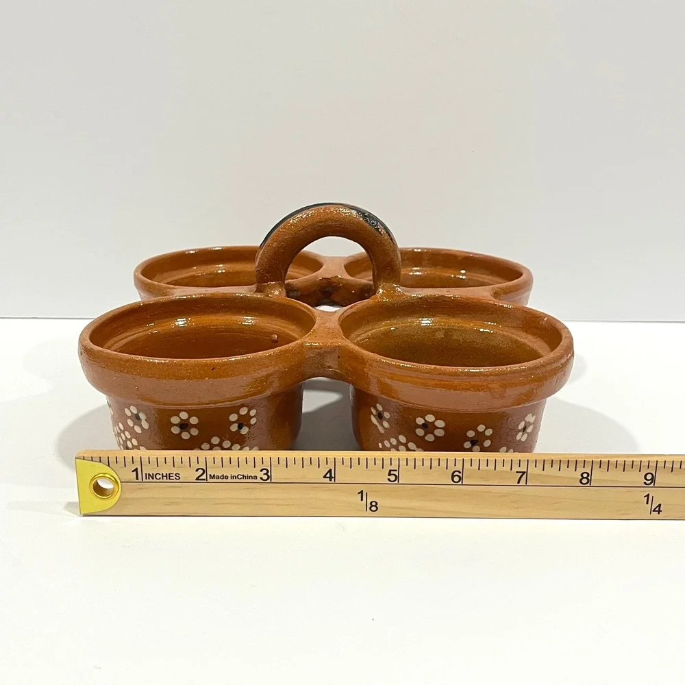 Mexican Terracotta Salsa Server 4 Bowl Condiment Dish Hand Painted